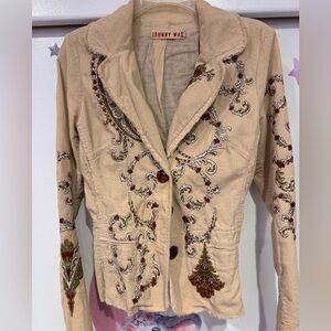 Johnny Was Vintage Embroidered Cream Corduroy Women's Jacket Xsmall